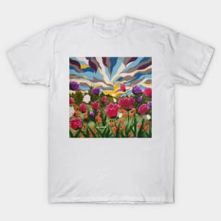 Field of Dreams, Landscape with flowers painting, acrylic floral landscape, colorful abstract landscape T-Shirt